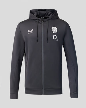 Dark gray hoodie with logos on a light gray background