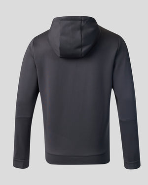 Dark gray hoodie shown from the back on a light gray background