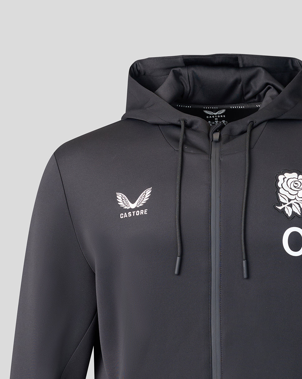Black hoodie with logos on a light gray background
