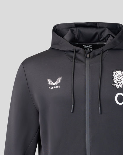 Black hoodie with logos on a light gray background