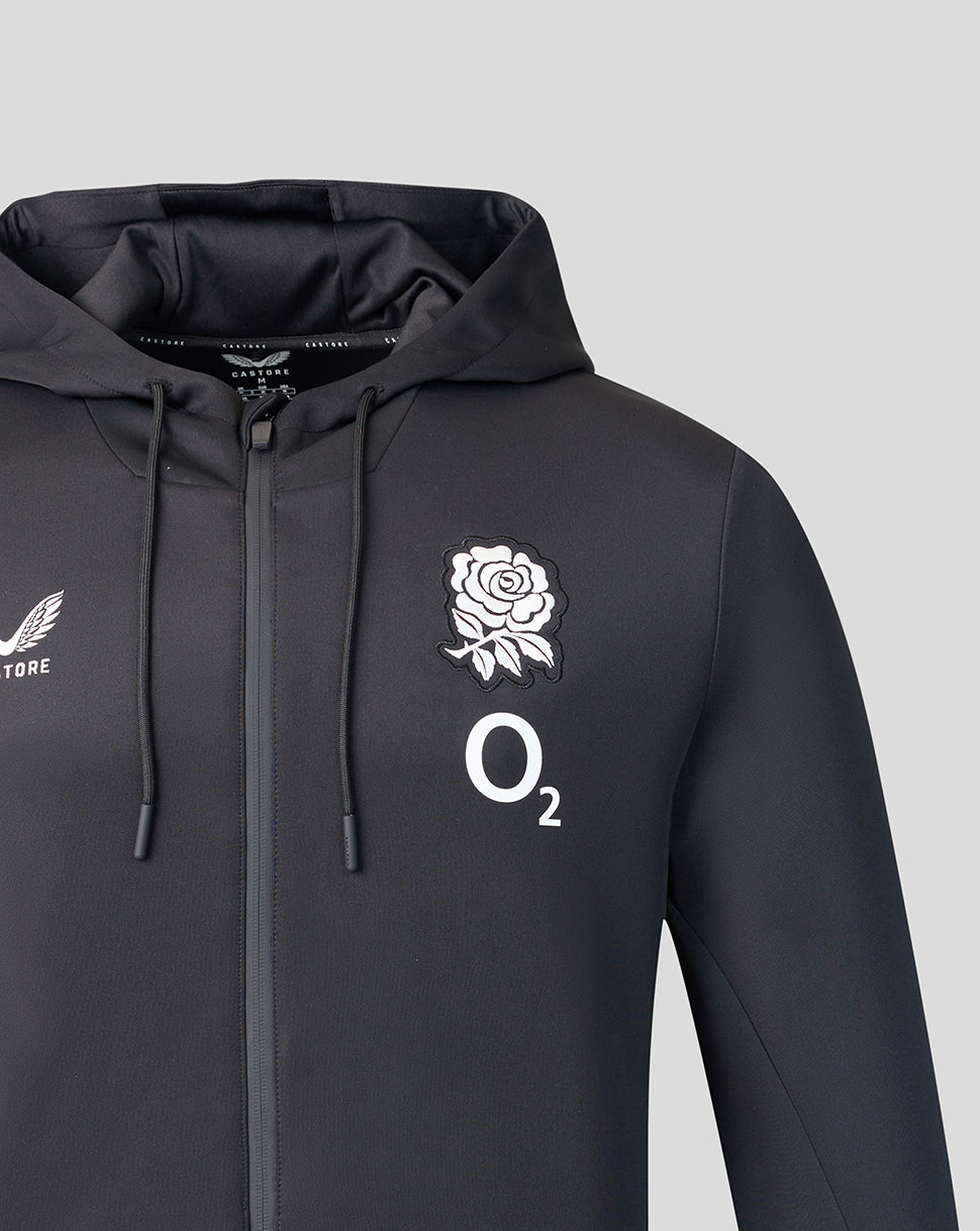 Black hoodie with rose and logo on a gray background