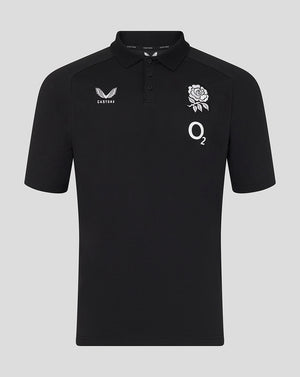 Black polo shirt with logos on a gray background