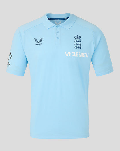 Light blue polo shirt with multiple logos on a light gray background