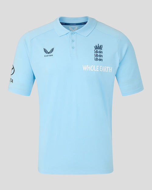 Light blue polo shirt with multiple logos on a light gray background