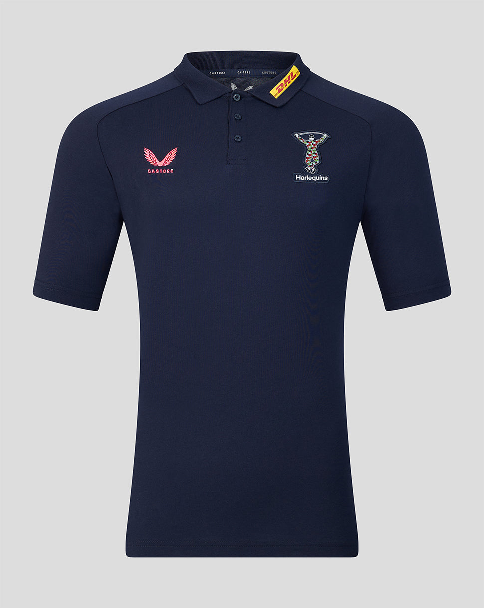 Navy blue polo shirt with brand logos on a light gray background