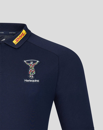 Navy blue sports jersey with Harlequins logo and DHL label on a light gray background