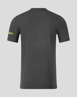 Back view of Bath Rugby travel T shirt in dark grey with neon yellow sponsor text on the sleeve