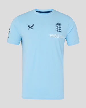 Light blue t-shirt with sports logos on a gray background