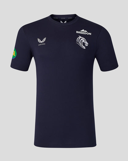 Front view of men's navy Leicester Tigers 2026/27 Travel T-Shirt with tiger crest and Castore branding