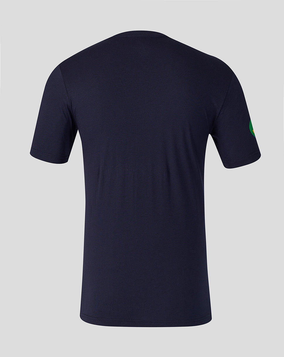 Front view of men's navy Leicester Tigers Travel T-Shirt with tiger crest and Breedon branding