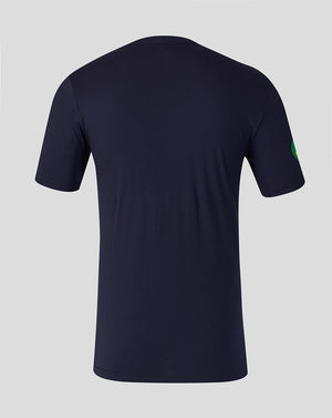 Front view of men's navy Leicester Tigers Travel T-Shirt with tiger crest and Breedon branding