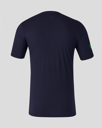Front view of men's navy Leicester Tigers Travel T-Shirt with tiger crest and Breedon branding