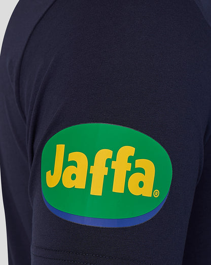 Blue training vest sleeve with a green oval Jaffa logo in yellow on the patch.