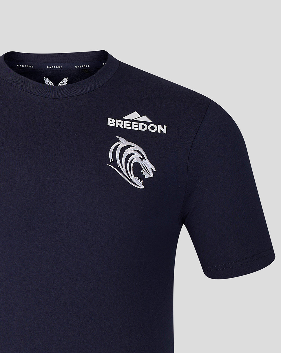 Navy Leicester Tigers 2026/27 Travel T-Shirt with white Breedon logo and tiger crest on the chest.