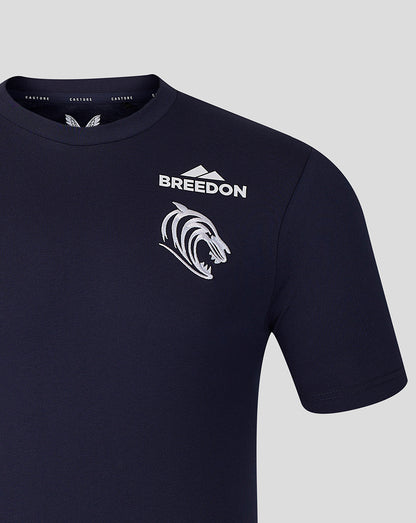 Navy Leicester Tigers 2026/27 Travel T-Shirt with white Breedon logo and tiger crest on the chest.