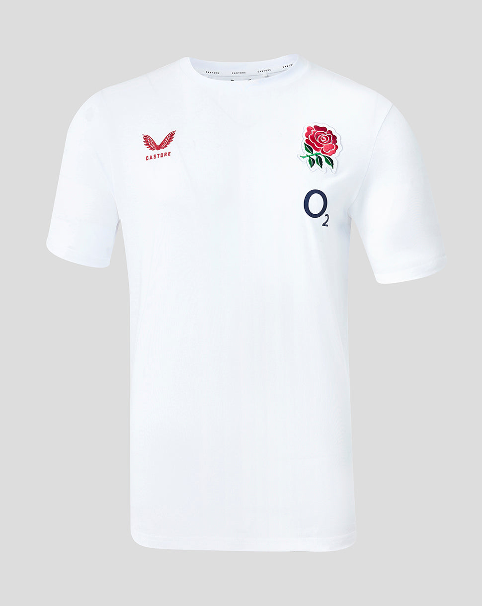 White t-shirt with rugby-related logos on a light gray background