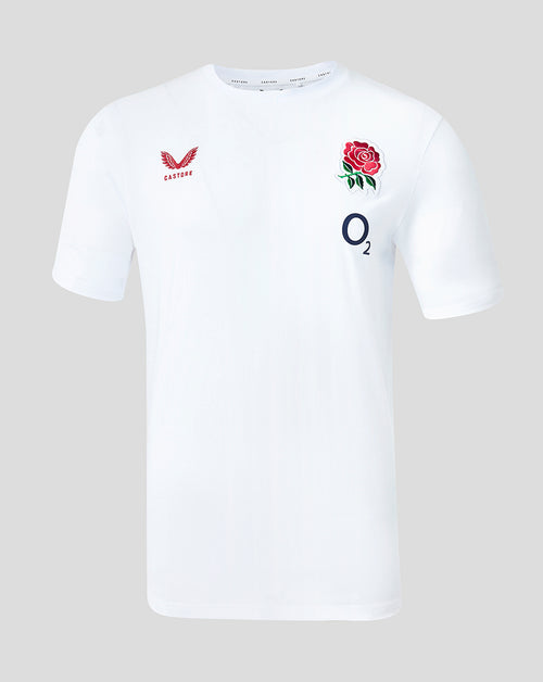 White t-shirt with rugby-related logos on a light gray background