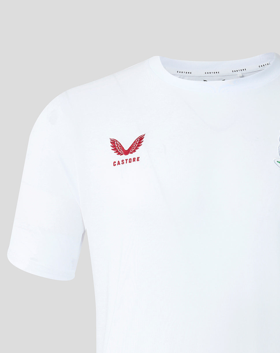 White t-shirt with a red logo on a light gray background