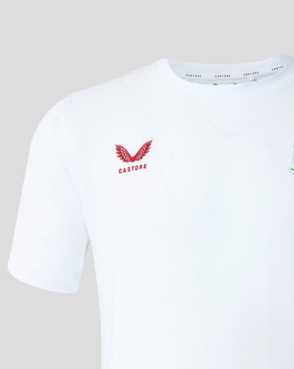 White t-shirt with a red logo on a light gray background