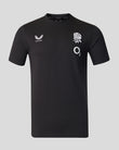Black t-shirt with white logos on a gray background