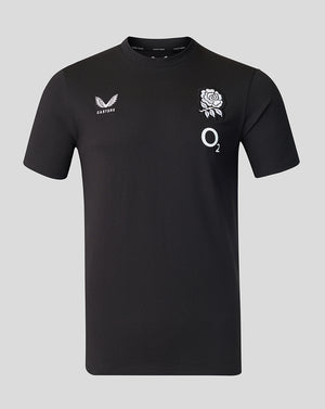 Black t-shirt with white logos on a gray background