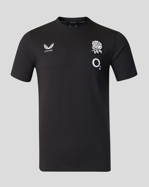 Black t-shirt with white logos on a gray background