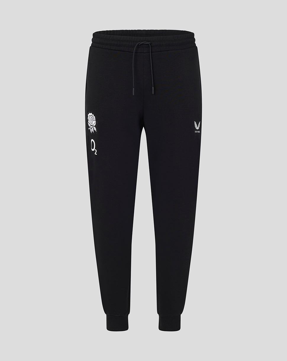 Black jogger pants with white logos on a light gray background