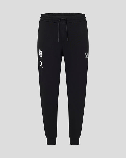 Black jogger pants with white logos on a light gray background