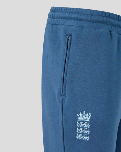 Blue sweatpants with a logo on a light gray background