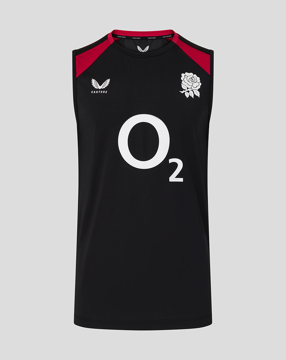 Black sleeveless sports jersey with red shoulders, white rose emblem, and 'O2' logo on a gray background.