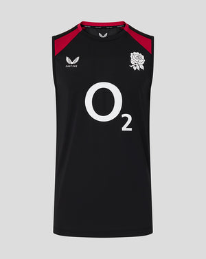 Black sleeveless sports jersey with red shoulders, white rose emblem, and 'O2' logo on a gray background.