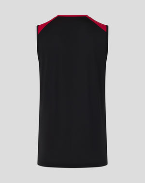 Black sleeveless shirt with red inner collar on a gray background