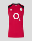 Red sleeveless sports jersey with white logo and text on a gray background