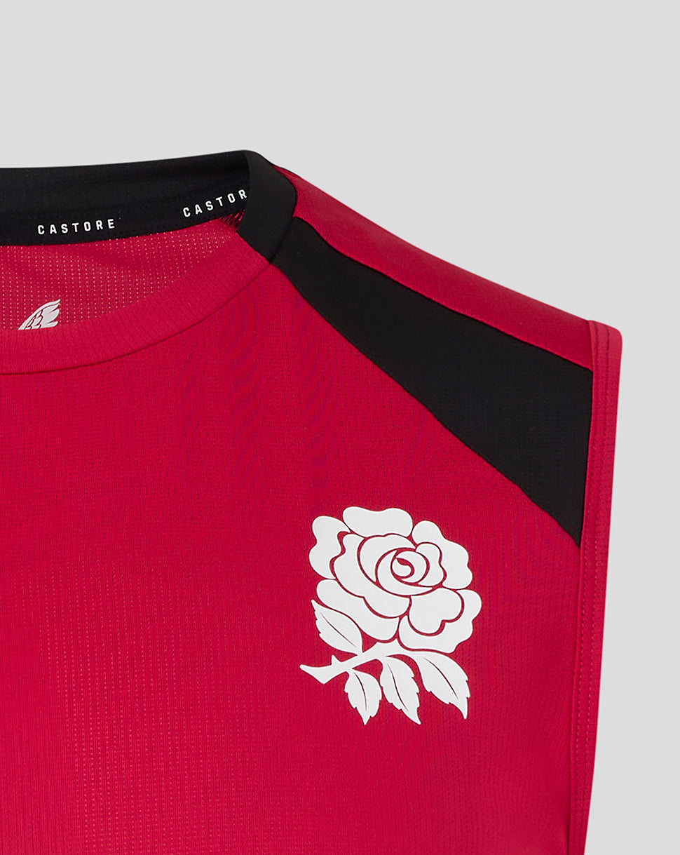 Red sports jersey with white rose emblem and 'Castore' branding on a light gray background