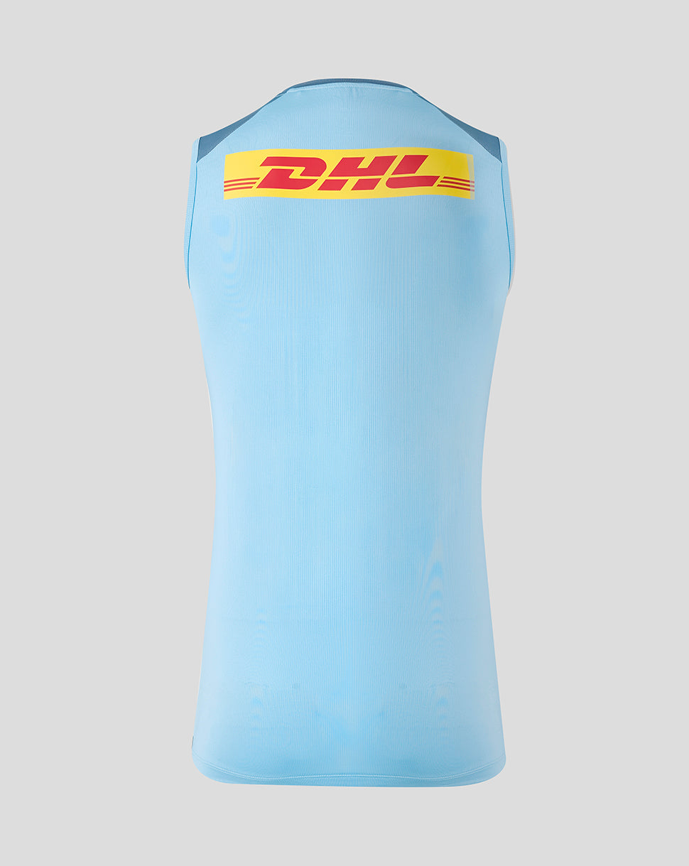 Light blue sleeveless shirt with DHL logo on a gray background
