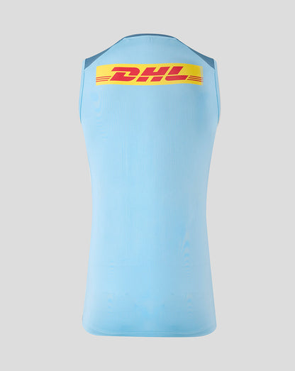 Light blue sleeveless shirt with DHL logo on a gray background
