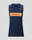 Navy sleeveless shirt with DHL logo on a gray background