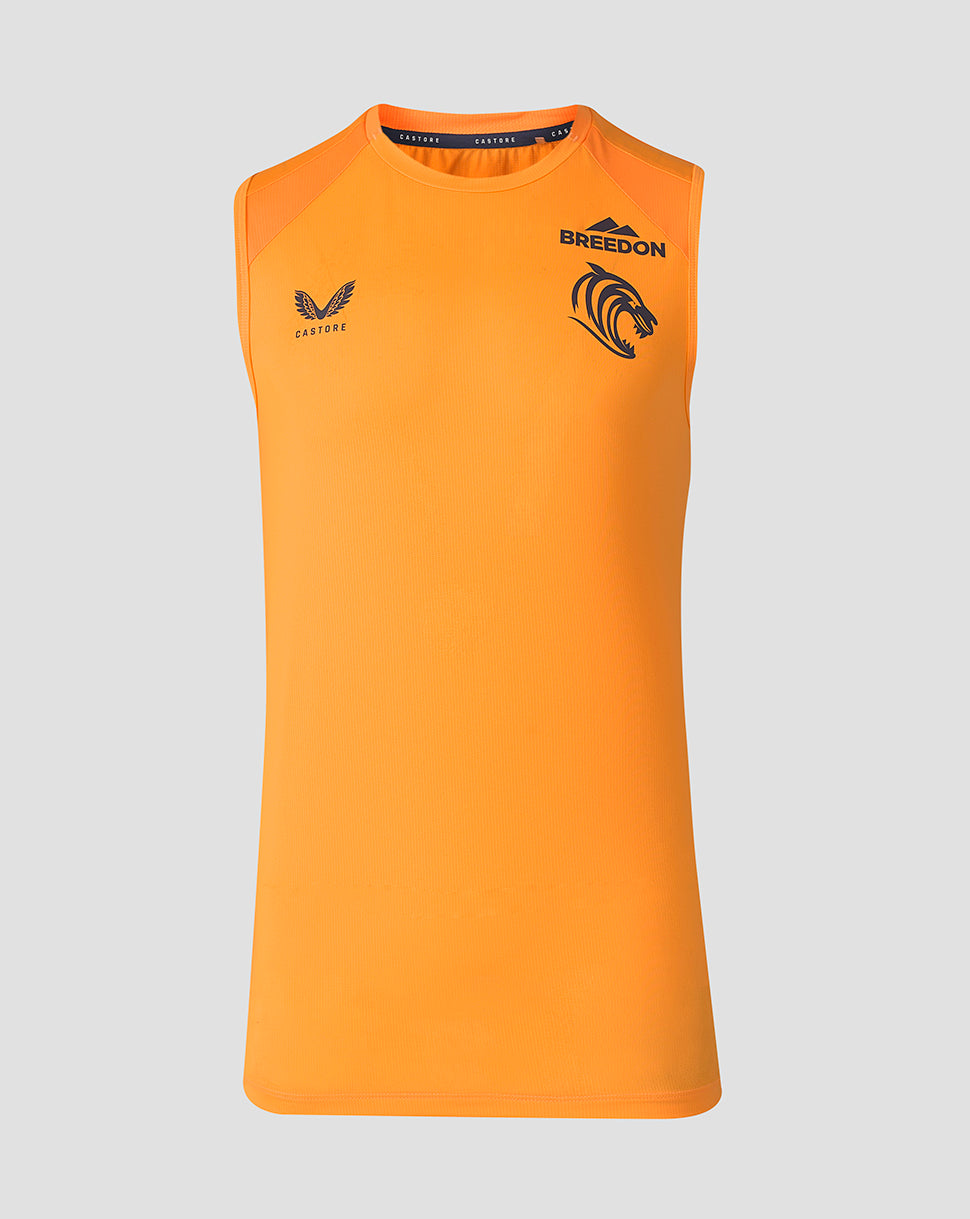 Front view of bright orange Leicester Tigers training vest with BREEDON logo and tiger graphic