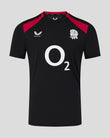 Black sports jersey with red accents and a logo on a gray background