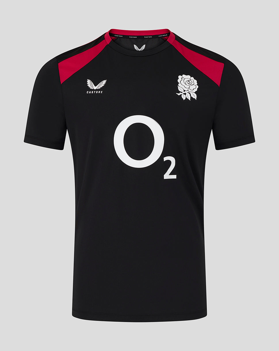 Black sports jersey with red accents and a logo on a gray background