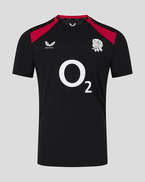 Black sports jersey with red accents and a logo on a gray background