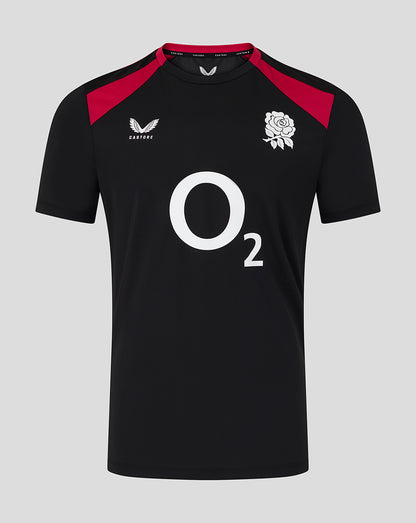 Black sports jersey with red accents and a logo on a gray background