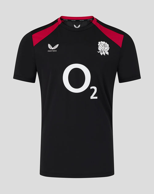 Black sports jersey with red accents and a logo on a gray background
