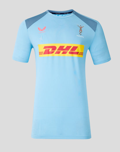 Light blue sports jersey with DHL logo on a gray background