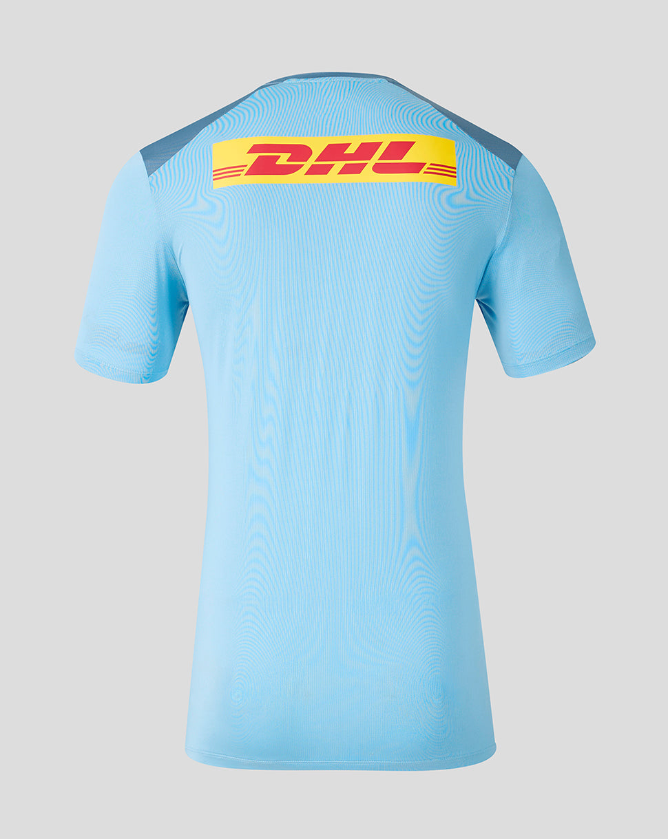 Light blue sports jersey with DHL logo on a gray background