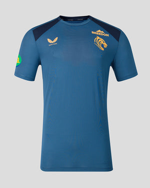 Blue Leicester Tigers Training T-Shirt featuring Castore branding and Breedon sponsor graphic on the chest.