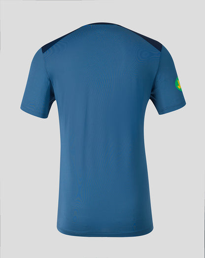 Back view of blue Leicester Tigers training T shirt with dark shoulder panels.