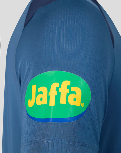 Leicester Tigers blue training T shirt with bright green Jaffa sponsor logo on the sleeve.