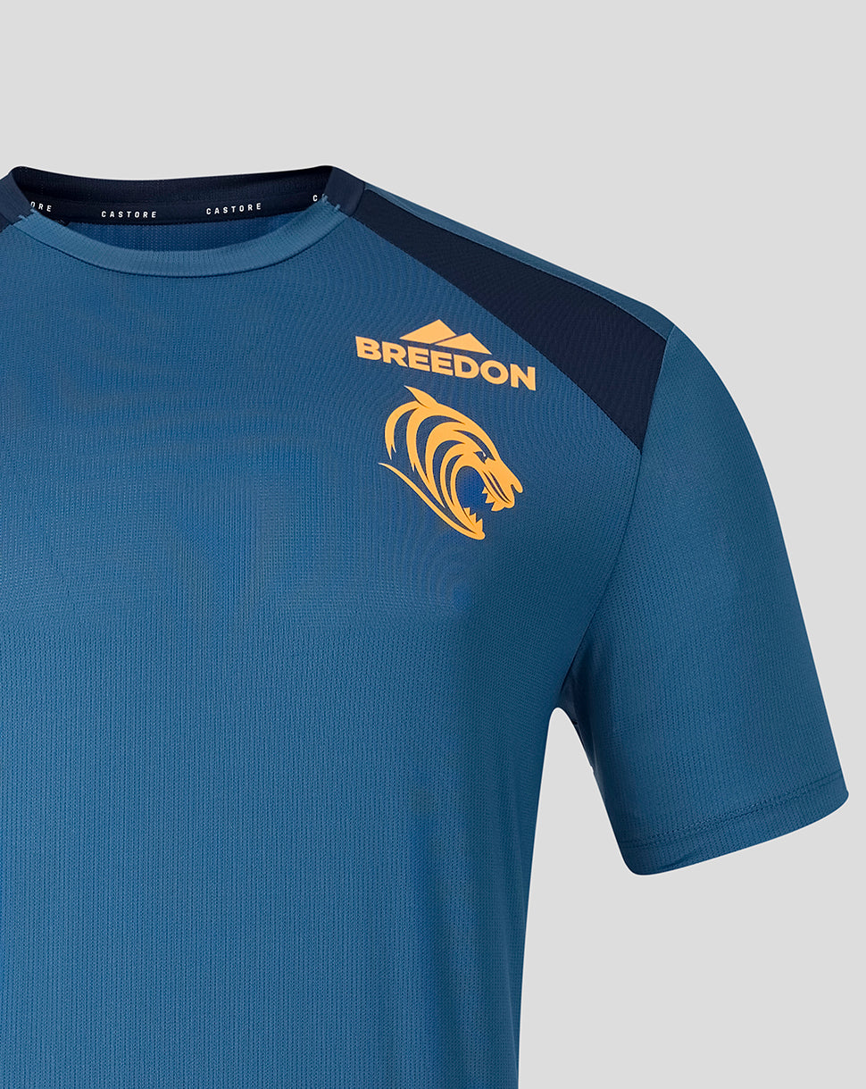 Blue Leicester Tigers training T shirt chest area with Breedon logo and tiger emblem and dark shoulder panel.