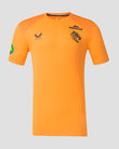 Front view of Leicester Tigers orange training T shirt with Breedon crest on chest and Castore badge; green sleeve patch visible